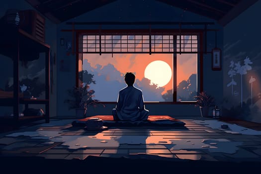 man sitting and meditating on the floor of domestic room in asian style at sunrise or sunset. Neural network generated in May 2023. Not based on any actual person, scene or pattern.