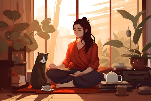 young adult asian woman sitting and meditating on the floor of domestic room with cat. Neural network generated in May 2023. Not based on any actual person, scene or pattern.