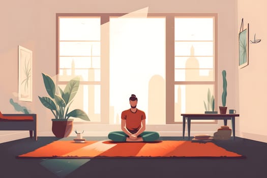 man sitting and meditating on the floor of domestic room at sunny morning. Neural network generated in May 2023. Not based on any actual person, scene or pattern.