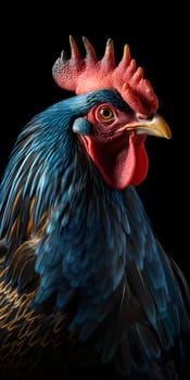 gorgeous colorful rooster close portrait on black background. Neural network generated in May 2023. Not based on any actual person, scene or pattern.