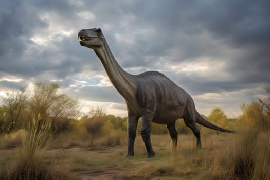 Brontosaurus wide angle view full body portrait at summer day light. Neural network generated in May 2023. Not based on any actual scene or pattern.