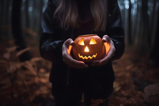 Close-up of woman hands holding illuminated jack-o-lantern in evening autumnal forest. Neural network generated in May 2023. Not based on any actual person, scene or pattern.