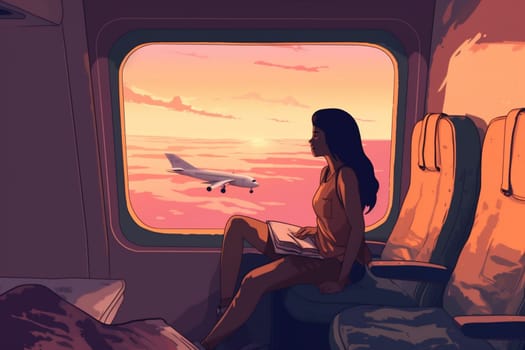 journey woman plane character cartoon air tourist window comfort transportation fly flight business illustration trip travel holiday inside passenger cabin seat. Generative AI.