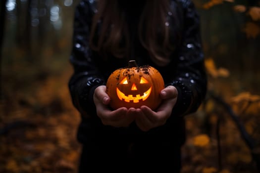 Close-up of woman hands holding illuminated jack-o-lantern in evening autumnal forest. Neural network generated in May 2023. Not based on any actual person, scene or pattern.