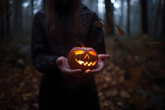 Close-up of woman hands holding illuminated jack-o-lantern in evening autumnal forest. Neural network generated in May 2023. Not based on any actual person, scene or pattern.