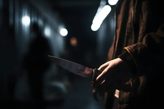 closeup view of of man holding knife in hand in dark backalley. Neural network generated in May 2023. Not based on any actual person, scene or pattern.