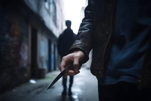 closeup view of of man holding knife in hand in dark backalley. Neural network generated in May 2023. Not based on any actual person, scene or pattern.