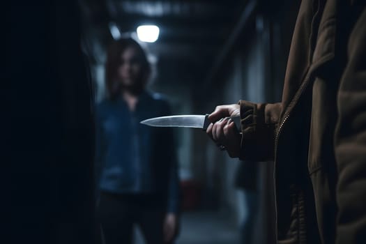 closeup view of of man holding knife in hand in dark backalley. Neural network generated in May 2023. Not based on any actual person, scene or pattern.