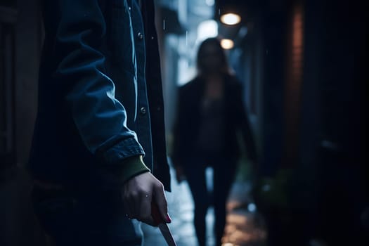 closeup view of of woman holding knife in hand in dark backalley. Neural network generated in May 2023. Not based on any actual person, scene or pattern.
