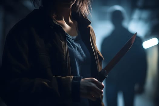 closeup view of of woman holding knife in hand in dark backalley. Neural network generated in May 2023. Not based on any actual person, scene or pattern.