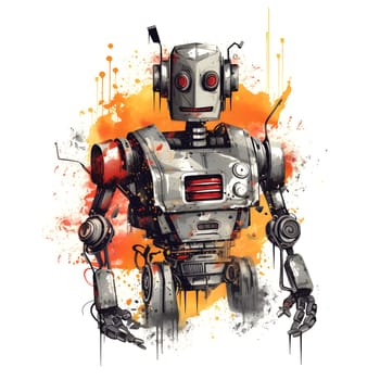 cool cartoonish robot for t-shirt print design on white background. Neural network generated in May 2023. Not based on any actual person, scene or pattern.