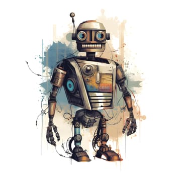 cool cartoonish robot for t-shirt print design on white background. Neural network generated in May 2023. Not based on any actual person, scene or pattern.