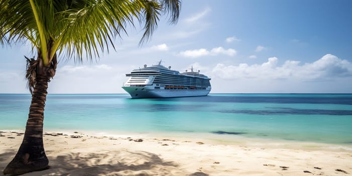 Large cruise liner in the background with a palm tree on white sand coral beach. Neural network generated in May 2023. Not based on any actual person, scene or pattern.