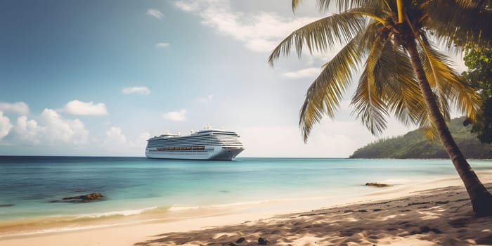 Large cruise liner in the background with a palm tree on white sand coral beach. Neural network generated in May 2023. Not based on any actual person, scene or pattern.