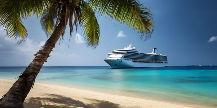 Large cruise liner in the background with a palm tree on white sand coral beach. Neural network generated in May 2023. Not based on any actual person, scene or pattern.