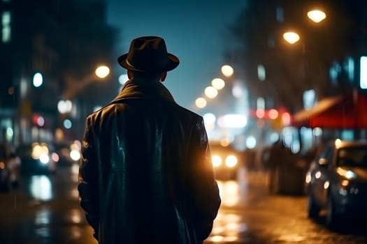 cinematic portrait of stranger on night street in thriller style. Neural network generated in May 2023. Not based on any actual person, scene or pattern.