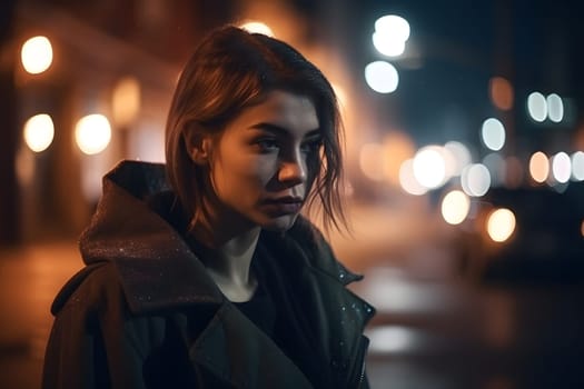 cinematic portrait of stranger on night street in thriller style. Neural network generated in May 2023. Not based on any actual person, scene or pattern.