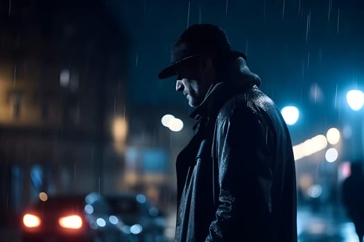 cinematic portrait of stranger on night street in thriller style. Neural network generated in May 2023. Not based on any actual person, scene or pattern.