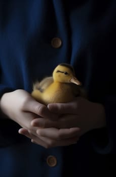 adorable beautiful girl child duck farm bird hand portrait small life close-up duckling happy yellow little care holding baby chicken. Generative AI.