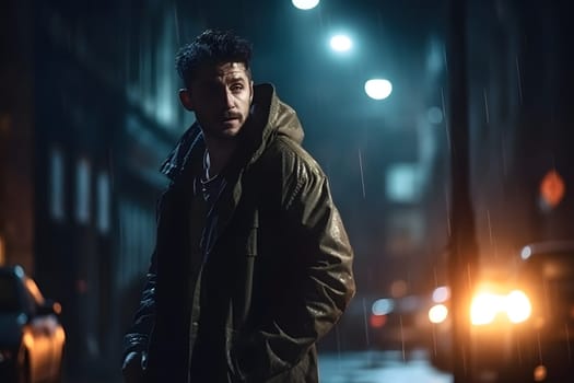 cinematic portrait of stranger on rainy night street in thriller style. Neural network generated in May 2023. Not based on any actual person, scene or pattern.