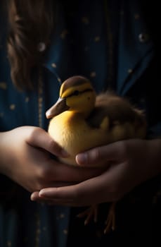 yellow close-up child little baby childhood season easter duckling wildlife farm girl hand bird happiness cute duck adorable beauty pet. Generative AI.