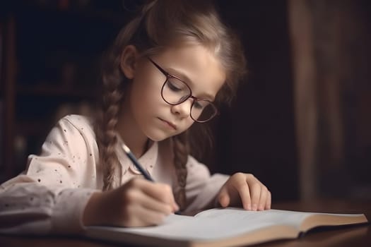 education and school concept - little blonde caucasian student girl studying at evening in home. Neural network generated in May 2023. Not based on any actual person, scene or pattern.