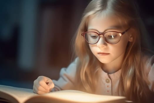education and school concept - little blonde caucasian student girl studying at evening in home. Neural network generated in May 2023. Not based on any actual person, scene or pattern.