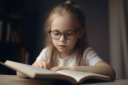education and school concept - little blonde caucasian student girl studying at evening in home. Neural network generated in May 2023. Not based on any actual person, scene or pattern.