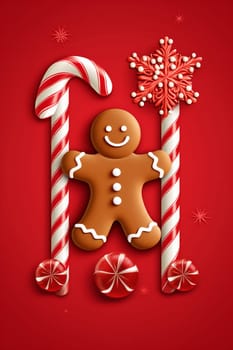 man gingerbread cookie red christmas caramel tree dessert background food ginger symbol holiday biscuit sweet cute year decoration smile new seasonal celebration. Generative AI.