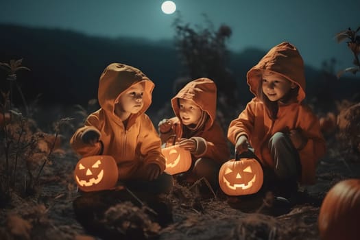 Halloween Celebration Fun Party in rustic night field. Group of caucasian kids with jack-o-lanterns in Halloween. Neural network generated in May 2023. Not based on any actual person or scene.