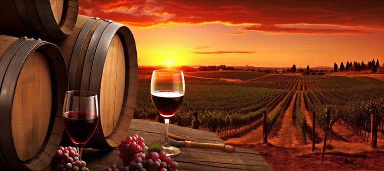 bottle alcohol agriculture winemaking outside barrel alcoholic vineyard grape beverage closeup food glass drink nature winery wooden background sunset wine. Generative AI.