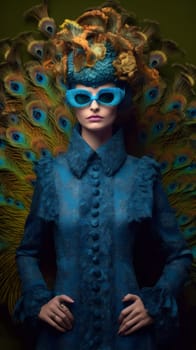 female woman jungle color person africa fashion young model friend flower face macaw feathers glamour beautiful nature peacock eye beauty bird. Generative AI.