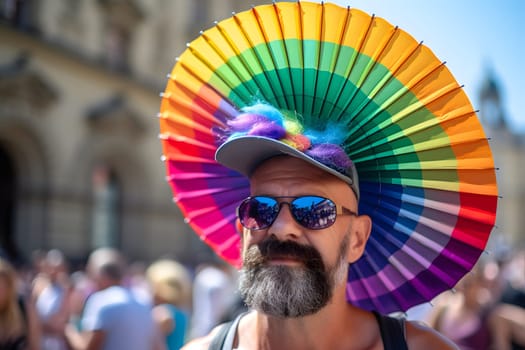 Caucasian man with beard with Colorful rainbow fan on head during gay pride parade in european city at daytime. Neural network generated in May 2023. Not based on any actual person, scene or pattern.