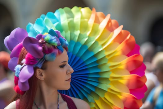 Adult caucasian woman with Colorful rainbow fan during gay pride parade in european city at daytime. Neural network generated in May 2023. Not based on any actual person, scene or pattern.