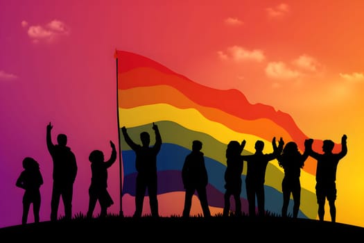silhouettes of people group raising LGBT flag with their hand in the air. Neural network generated in May 2023. Not based on any actual person, scene or pattern.