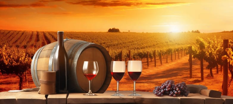 agriculture life white celebration sunset grape drink glass barrel bottle wine beverage wineglass alcoholic taste tasty alcohol leaf winery landscape. Generative AI.