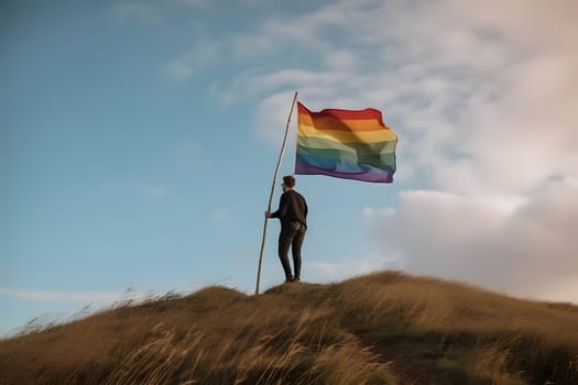 person standing on top of the hill and holding the LGBT pride flag. Neural network generated in May 2023. Not based on any actual person, scene or pattern.