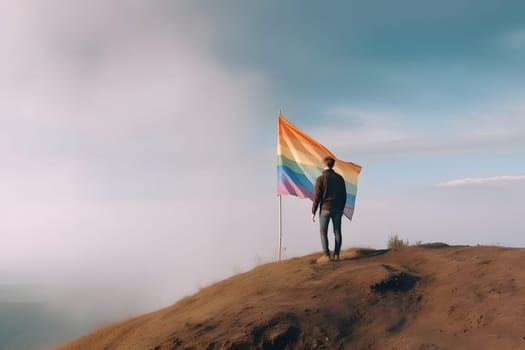 person standing on top of the hill and holding the LGBT pride flag. Neural network generated in May 2023. Not based on any actual person, scene or pattern.
