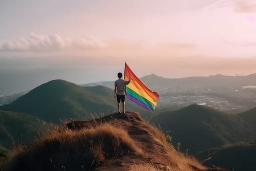 person standing on top of the hill and holding the LGBT pride flag. Neural network generated in May 2023. Not based on any actual person, scene or pattern.