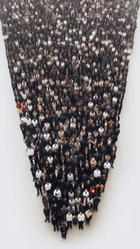 big dence crowd of people on white background in wedge formation. Neural network generated in May 2023. Not based on any actual person, scene or pattern.