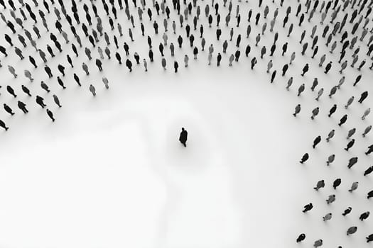 big crowd of people on white background on distance around one individual. Neural network generated in May 2023. Not based on any actual person, scene or pattern.