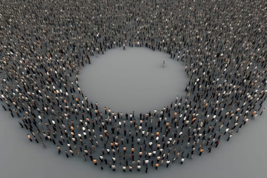 big crowd of people on grey background with circular clean region inside. Neural network generated in May 2023. Not based on any actual person, scene or pattern.