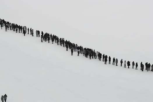 large line of people on off-white background. Neural network generated in May 2023. Not based on any actual person, scene or pattern.