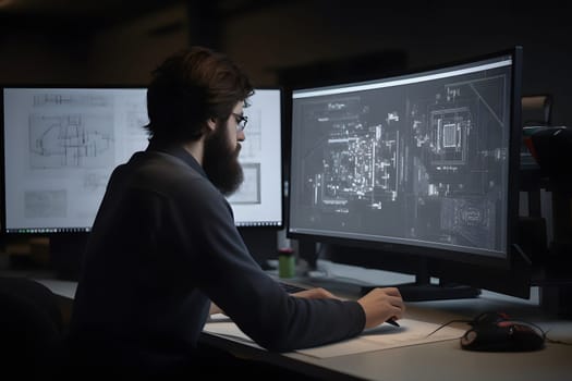 Over the Shoulder view of an Engineer Working with CAD Software using two large computer screens. Neural network generated in May 2023. Not based on any actual person, scene or pattern.