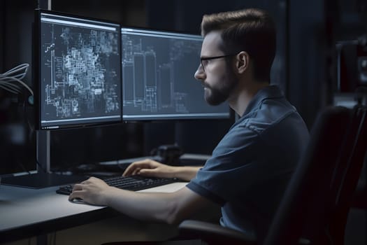 Over the Shoulder view of an Engineer Working with CAD Software using two large computer screens. Neural network generated in May 2023. Not based on any actual person, scene or pattern.