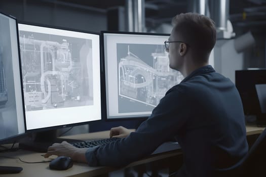 Over the Shoulder view of an Engineer Working with CAD Software using three large computer screens. Neural network generated in May 2023. Not based on any actual person, scene or pattern.