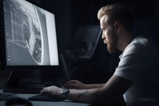Over the Shoulder view of an Engineer Working with CAD Software using large computer screen. Neural network generated in May 2023. Not based on any actual person, scene or pattern.