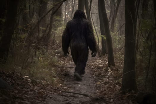 bigfoot in the woods walking at day time. Neural network generated in May 2023. Not based on any actual person, scene or pattern.