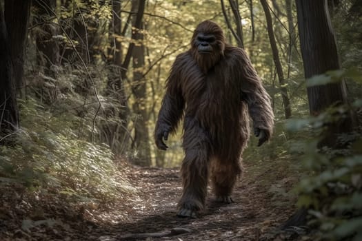 bigfoot in the woods walking at day time. Neural network generated in May 2023. Not based on any actual person, scene or pattern.