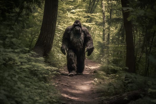 bigfoot in the woods walking at day time. Neural network generated in May 2023. Not based on any actual person, scene or pattern.